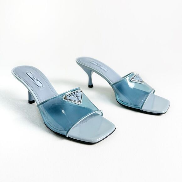 PRADA Blue Ciabatte Triangle Logo Slide Sandal Heels Size 37 Mule Clear PVC - Picture 13 of 13